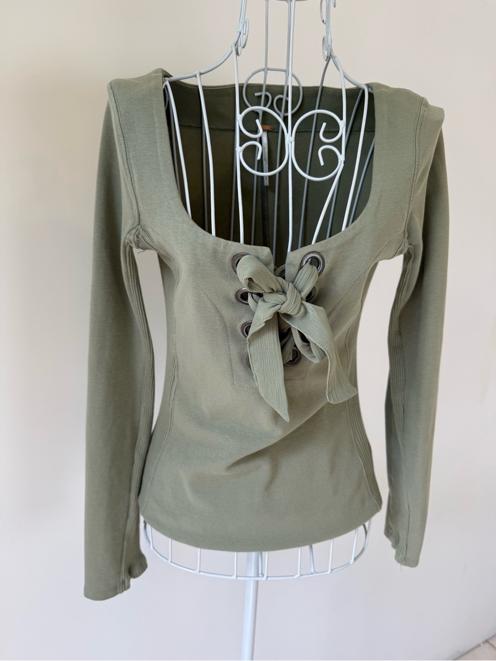 Free People Green Lace Up Grommet Long Sleeve Top Cotton Blend Size S